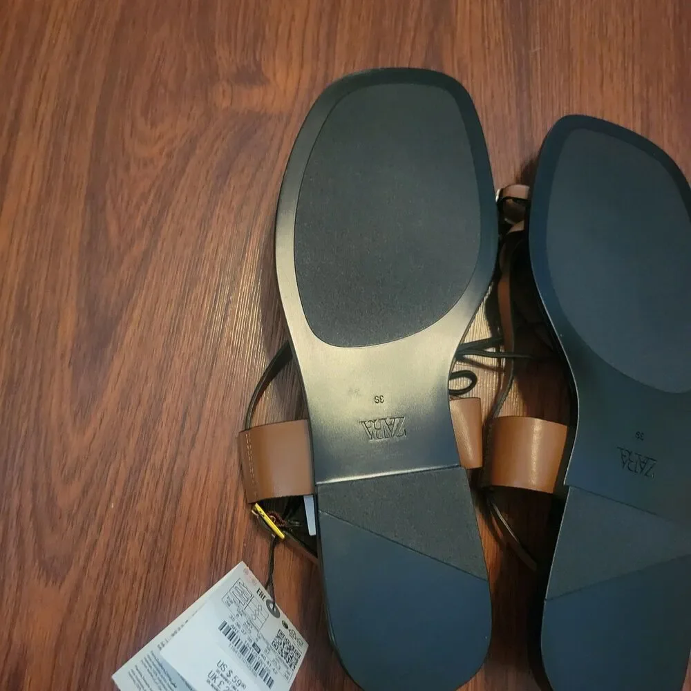 ZARA Brown Toe Ring Strappy Flat Sandals Gold Accent Women Size 8 EU 39 NWT - Picture 8 of 9